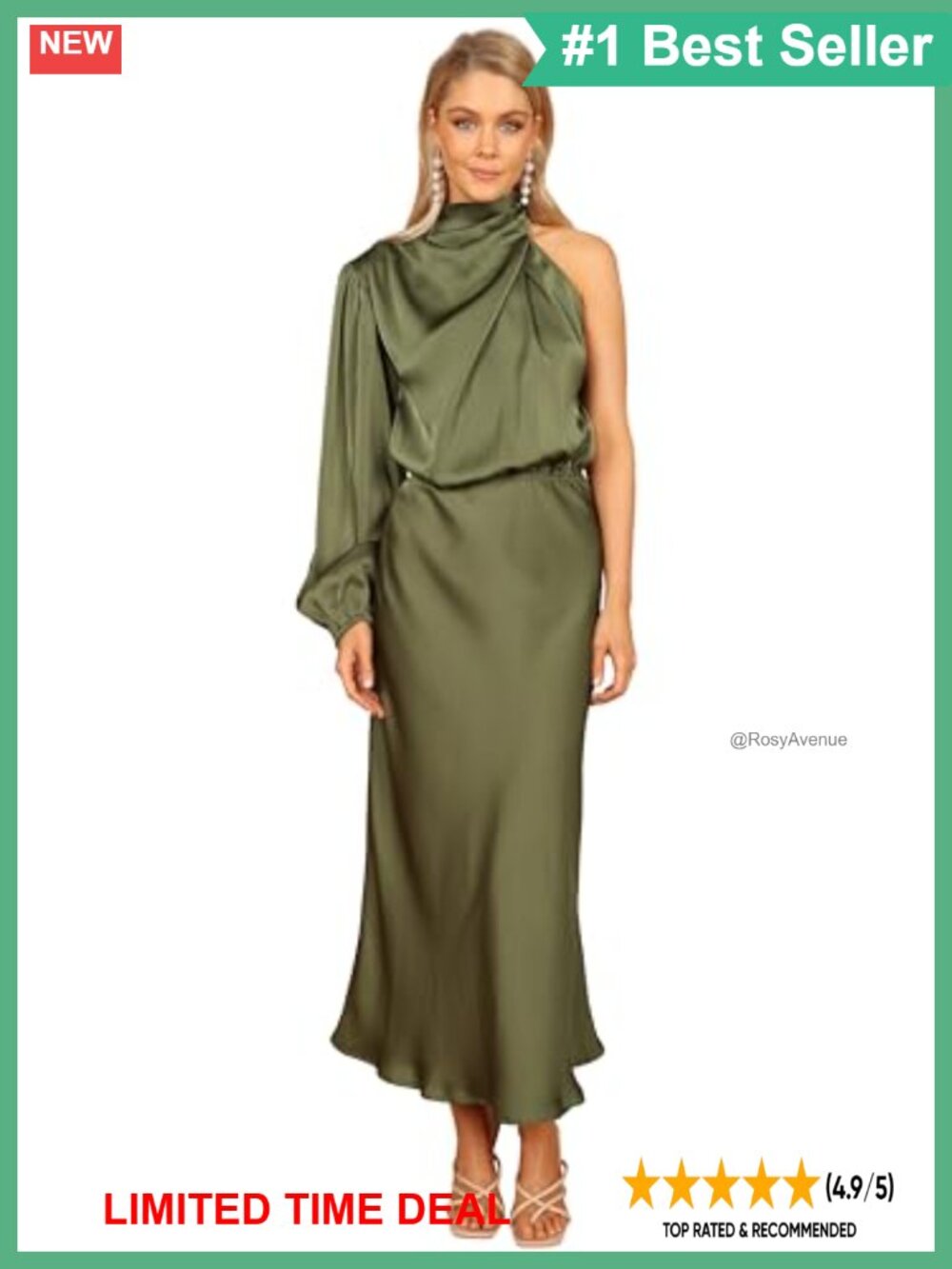 One Shoulder Midi Dress Asymmetric Neck Long Sleeve Pleated